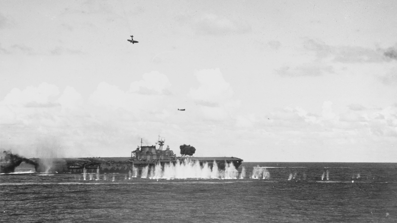 The Hornet under attack by Val bombers during the Battle of the Santa Cruz Islands.